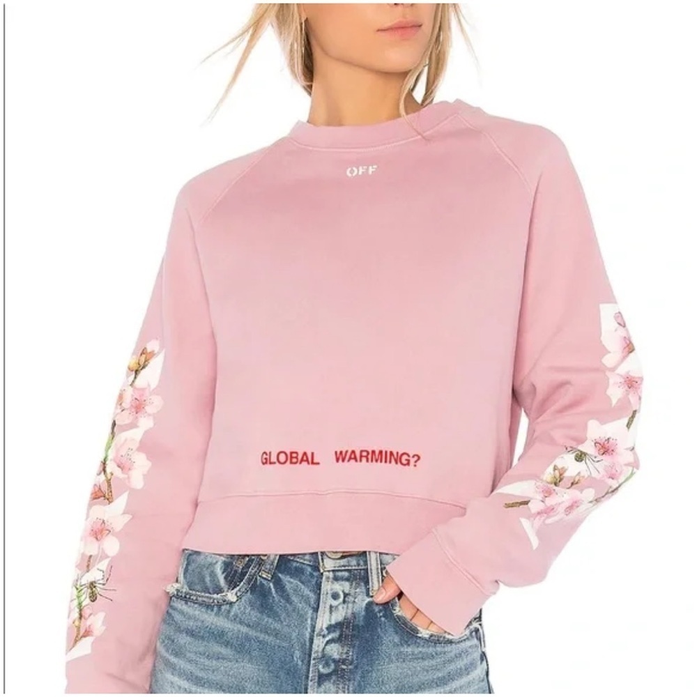 Off White Pink Floral cherry blossoms cropped crew sweatshirt S
